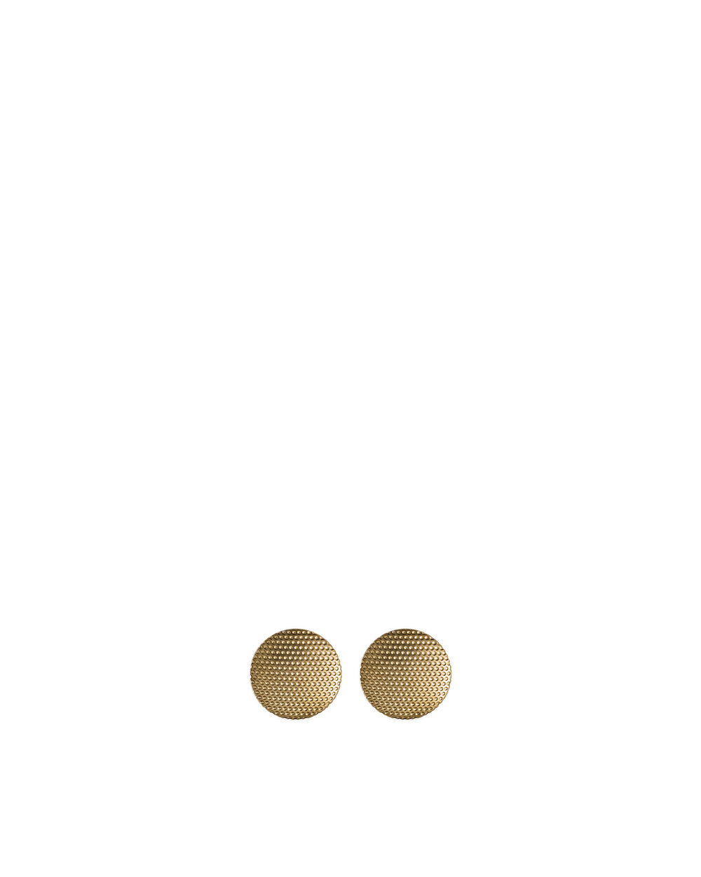 Gold round textured earrings by Alessi, with a dimpled, honeycomb-like pattern, on a white background.