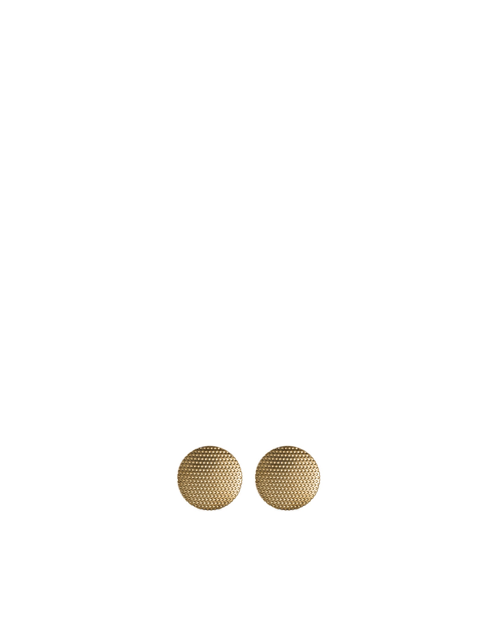 Gold round textured earrings by Alessi, with a dimpled, honeycomb-like pattern, on a white background.