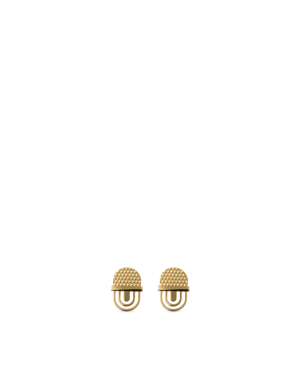 Pair of golden decorative studs by Alessi, with textured domed tops and a double U-shaped base.