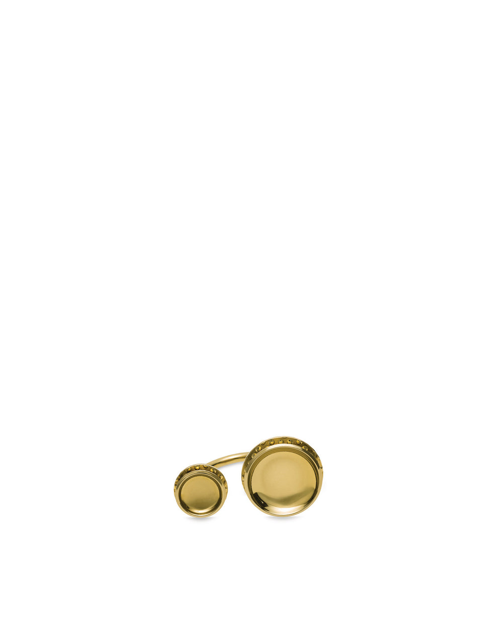 Gold metallic cufflink by Alessi featuring two concave circular elements with textured edges.