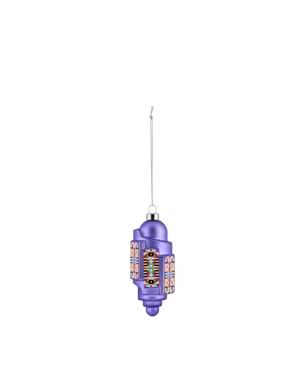 Purple dome Christmas tree ornament by Alessi with a colorful geometric pattern, hanging from a silver chain.