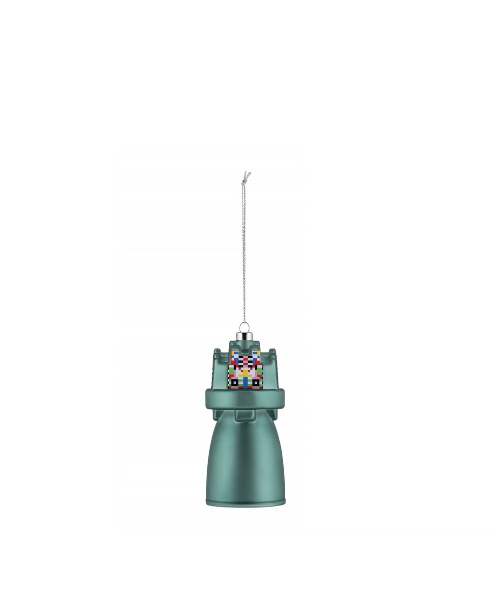 Teal bell Christmas tree ornament by Alessi, featuring a colorful pixelated pattern and hanging from a silver chain.