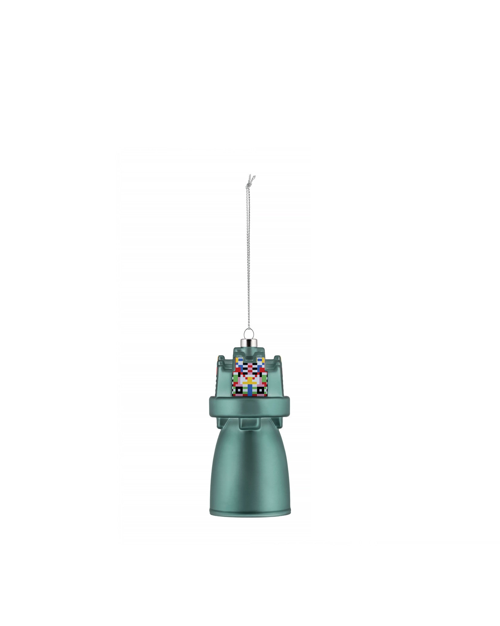 Teal bell Christmas tree ornament by Alessi, featuring a colorful pixelated pattern and hanging from a silver chain.