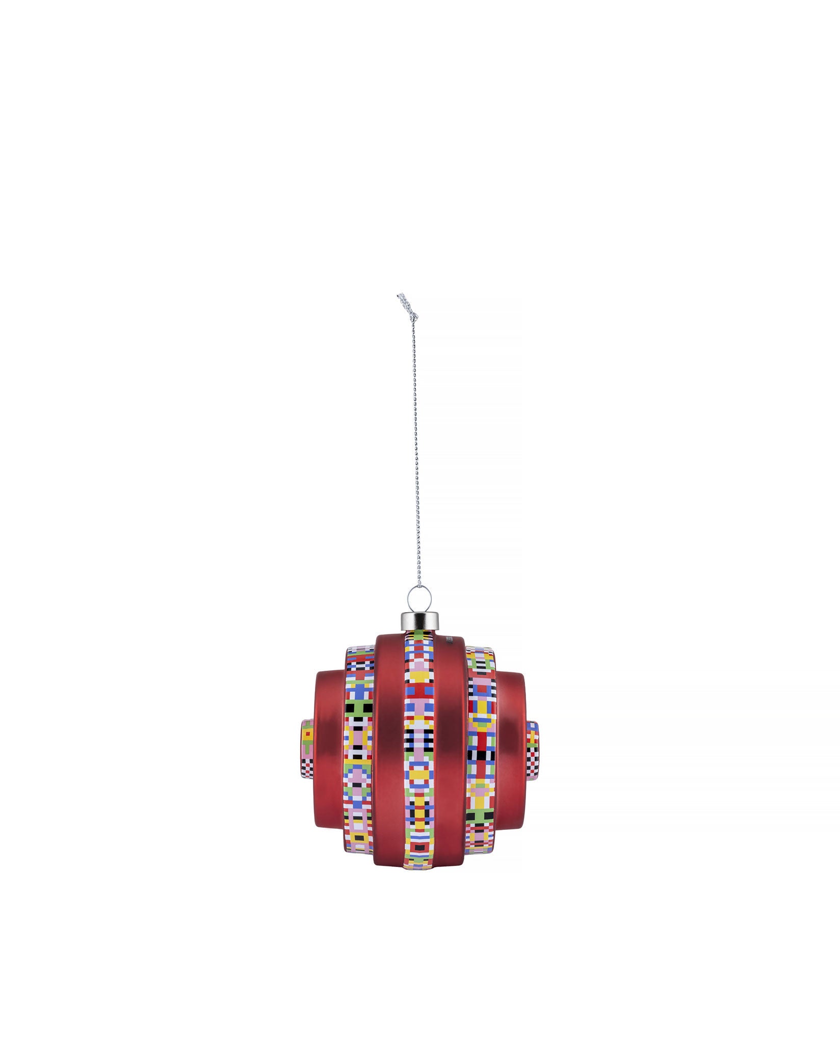 Red geometric Christmas tree ornament by Alessi with colorful pixelated patterns, hanging from a silver chain.