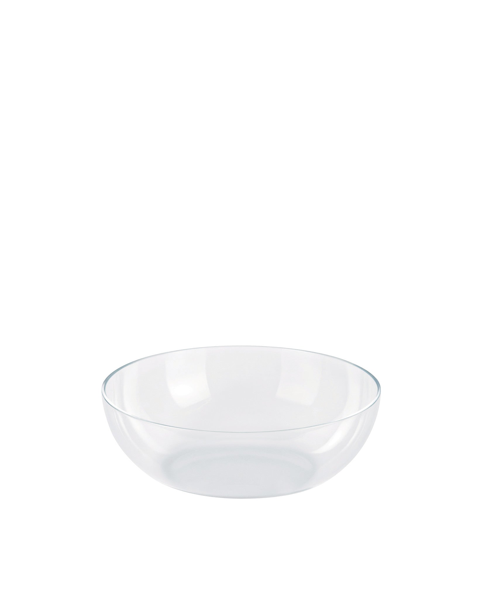 Clear glass bowl by Alessi with a simple round design.