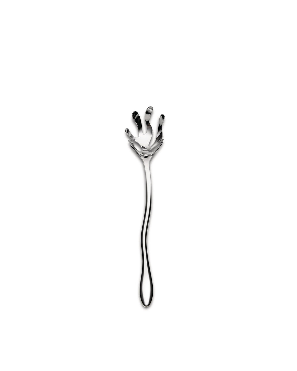 Silver metal serving cutlery by Alessi, featuring an organic, multi-pronged wave-like head and slender, curved handle.