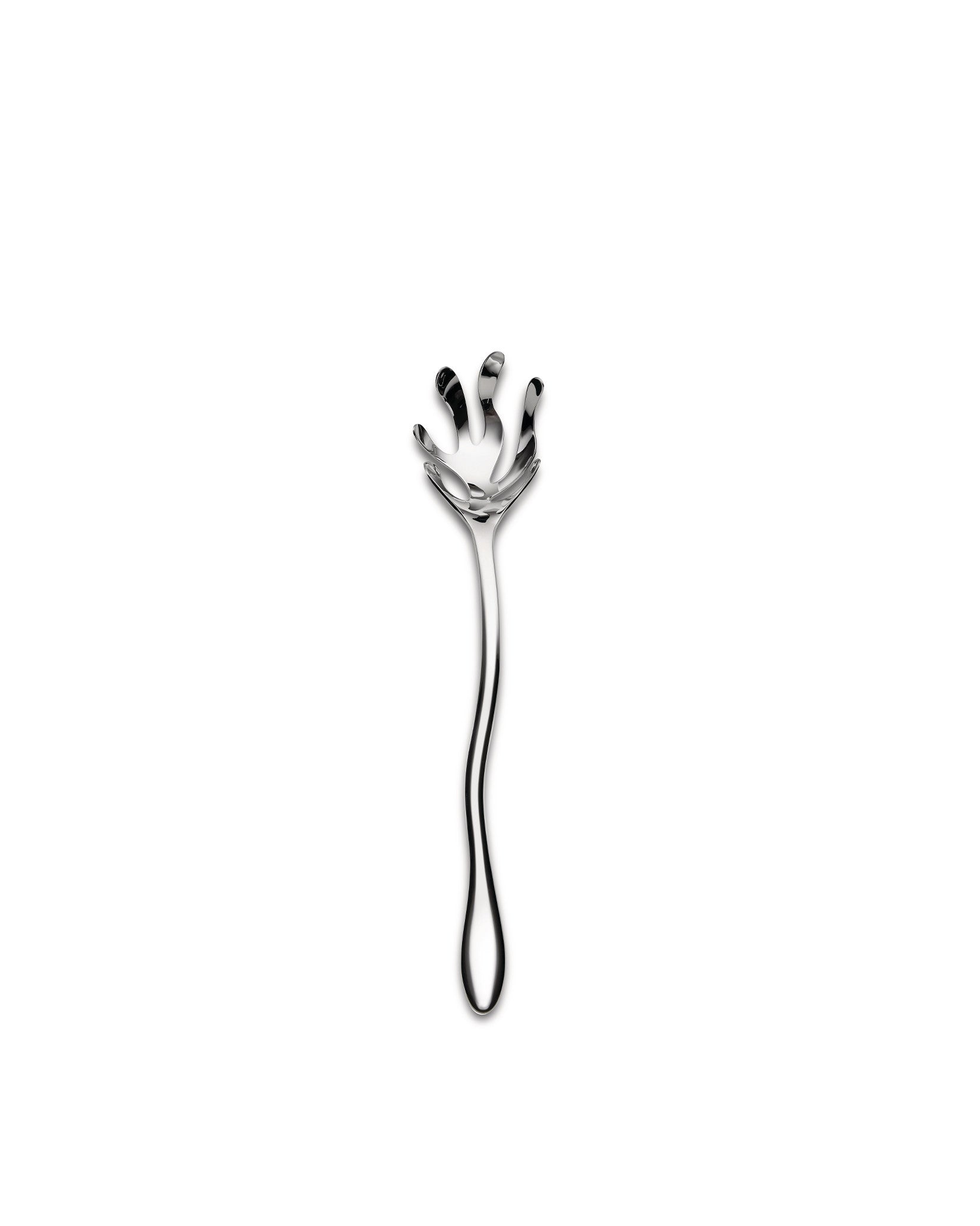 Silver metal serving cutlery by Alessi, featuring an organic, multi-pronged wave-like head and slender, curved handle.