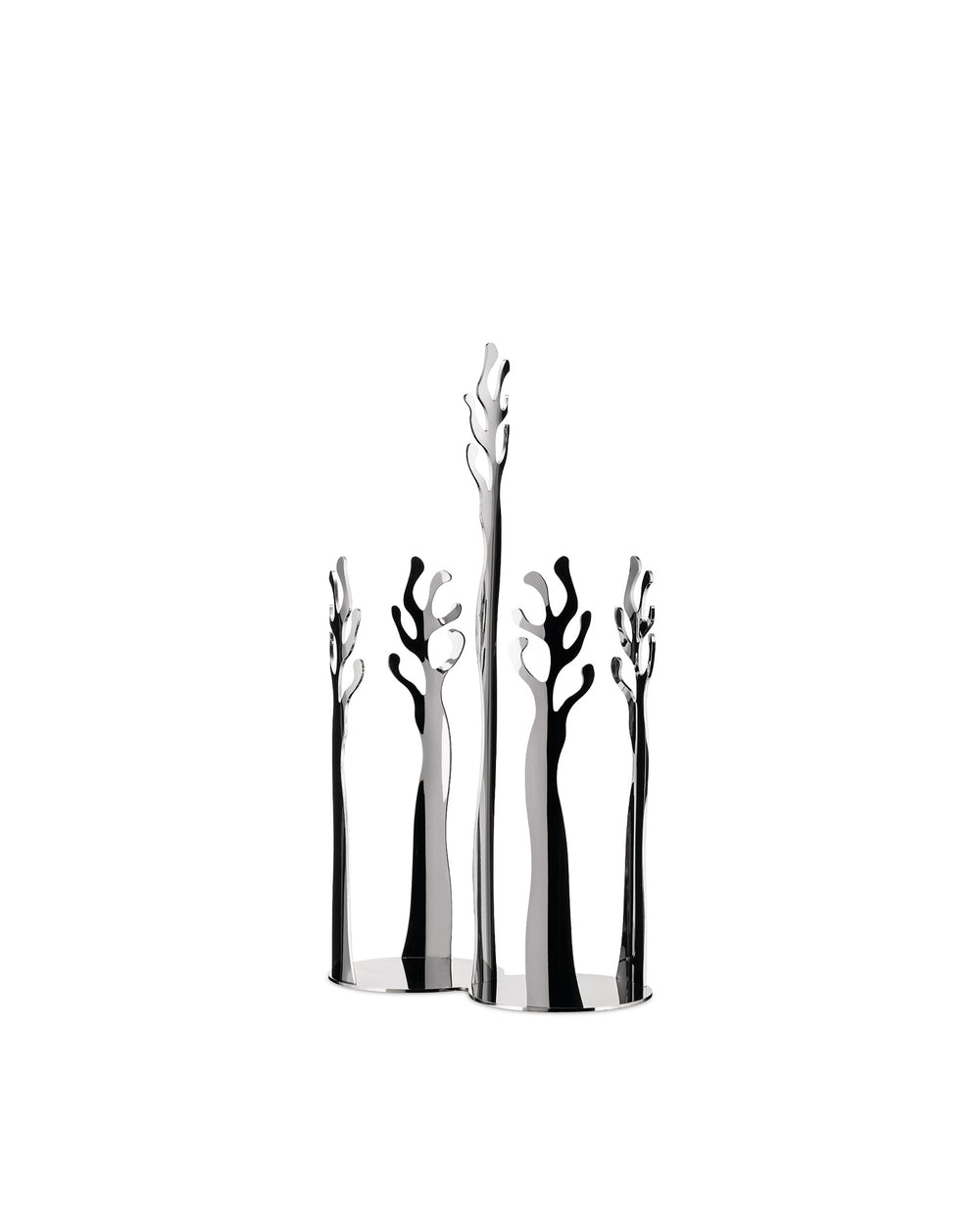 Silver-toned sculptural centerpiece by Alessi, featuring five abstract, coral-like forms with a highly reflective finish.
