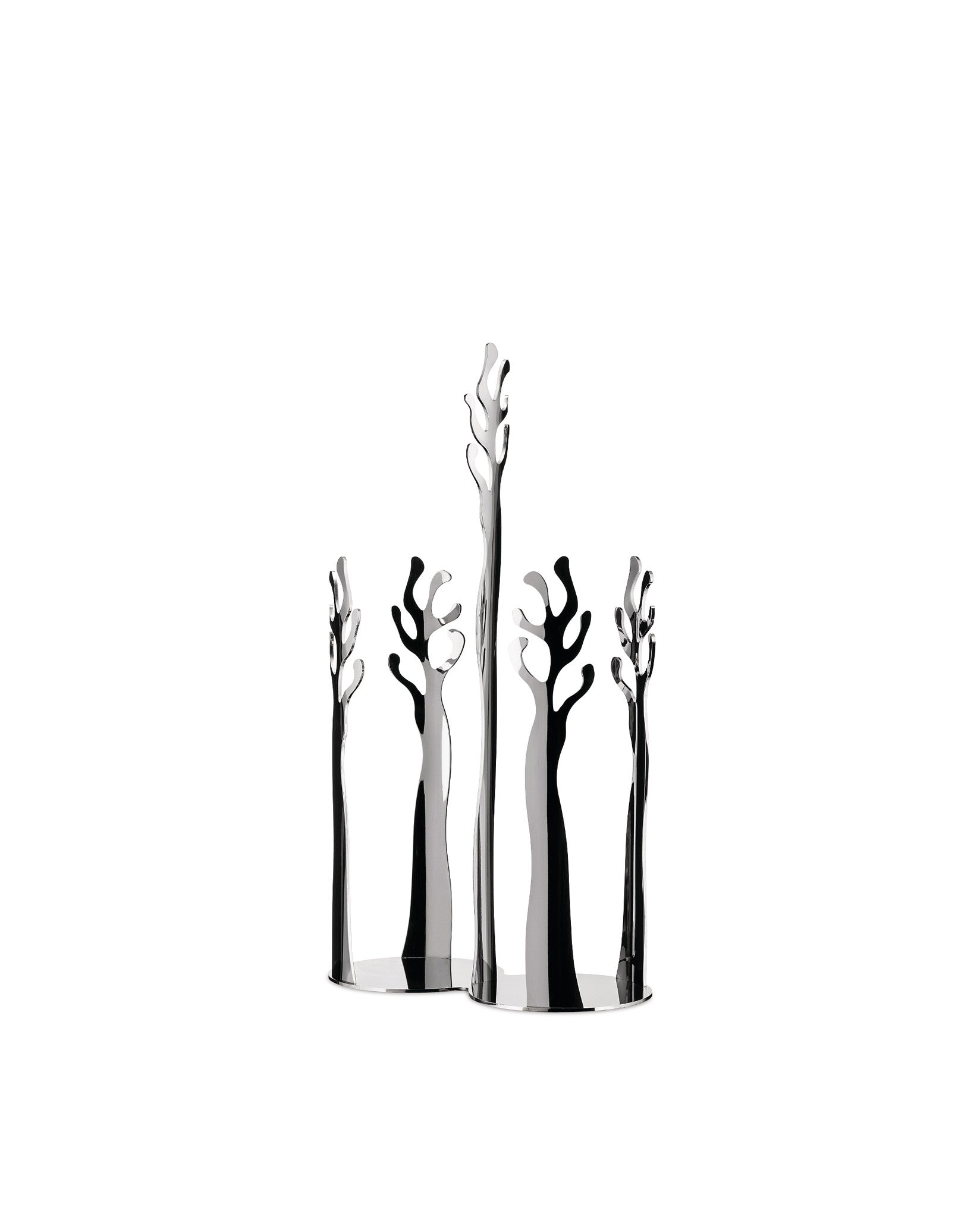 Silver-toned sculptural centerpiece by Alessi, featuring five abstract, coral-like forms with a highly reflective finish.
