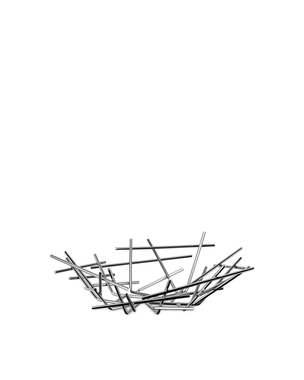 Polished silver metal basket by Alessi, designed with an abstract arrangement of intersecting tubes.