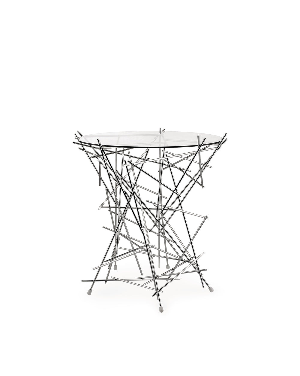 Chrome-plated steel and glass side table by Alessi, featuring an abstract 'blow up' stick design base.