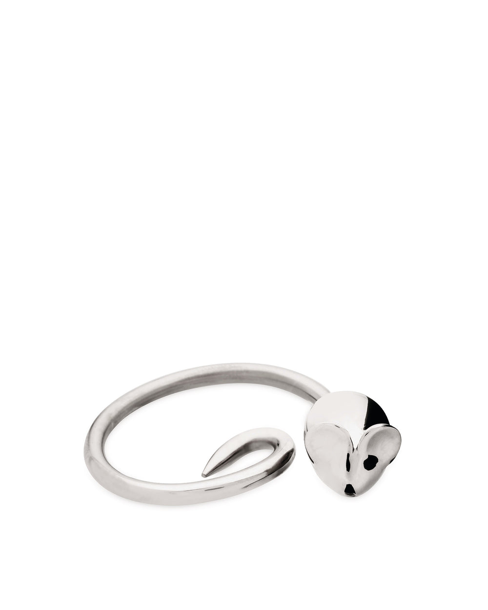 Silver-colored mouse ring by Alessi, featuring a stylized mouse head and a tail that forms the band.