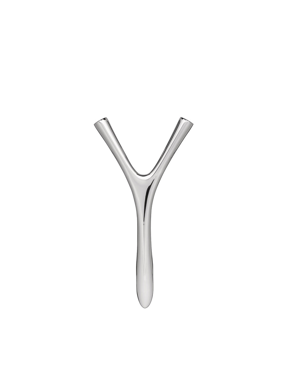 Silver metal bottle opener by Alessi, featuring a sleek, Y-shaped sculptural design.