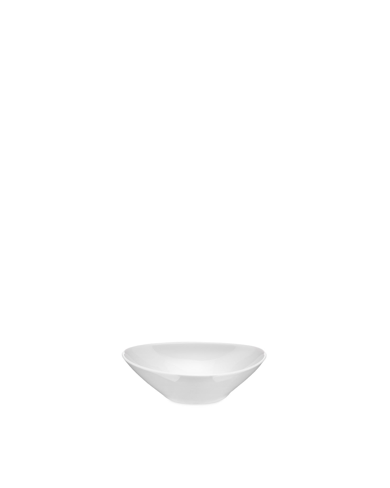 White dinner bowl by Alessi, from the Colombina collection, featuring a smooth, gently curved, oval shape.