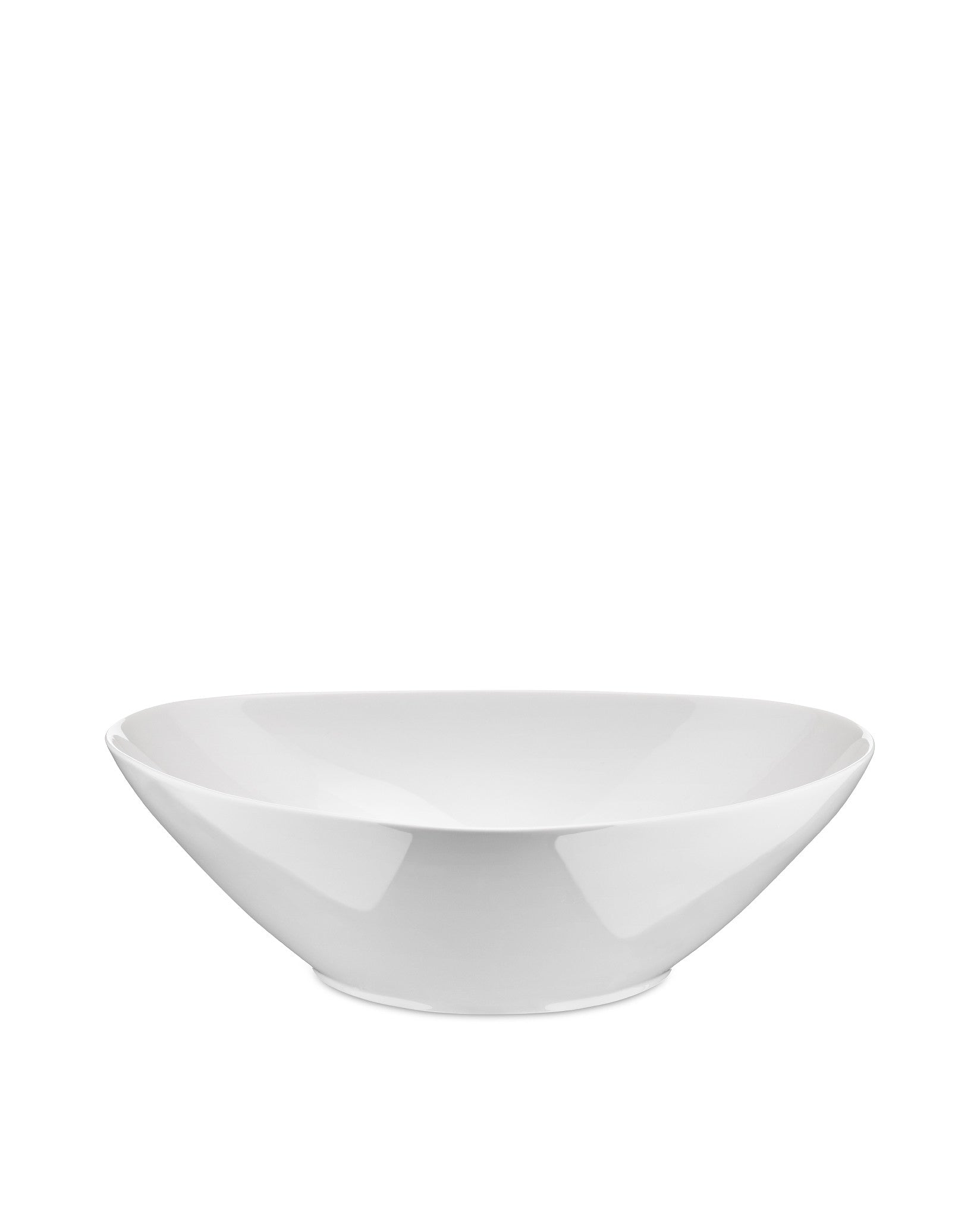 White glossy oval-shaped bowl by Alessi, with a modern, smooth design, shown in a side view.
