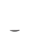 Dark gray, shallow oblong plate by Alessi with a smooth finish and subtly curved form.