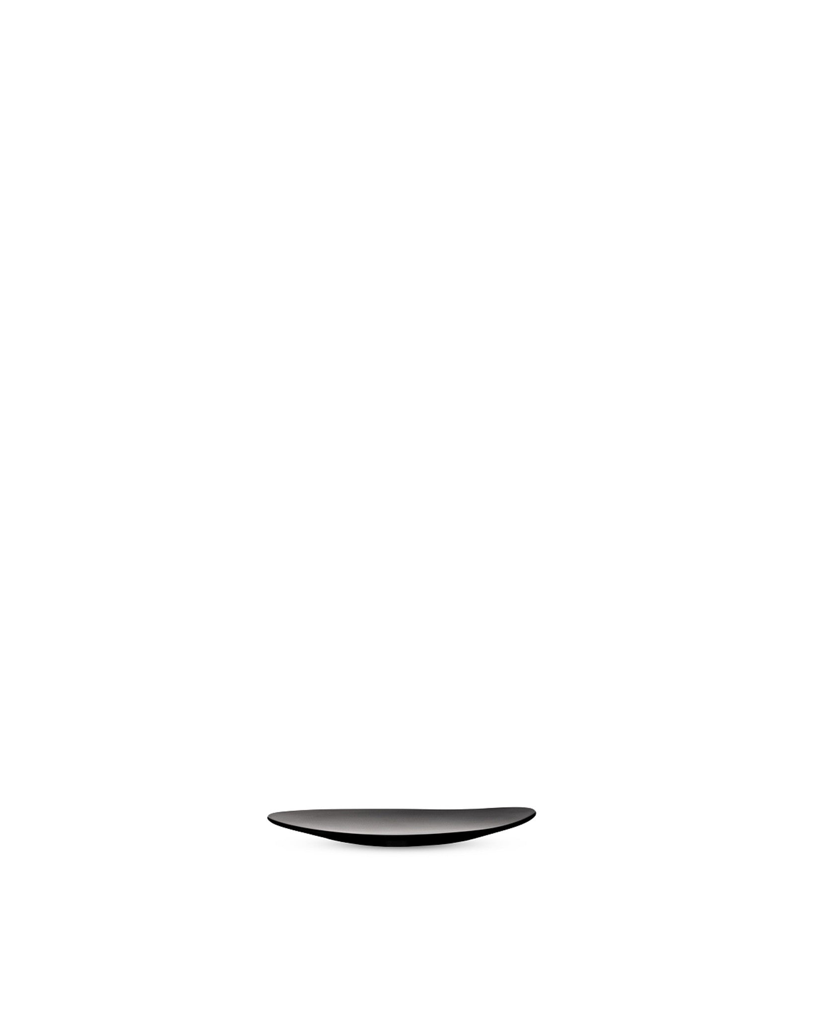 Dark gray, shallow oblong plate by Alessi with a smooth finish and subtly curved form.
