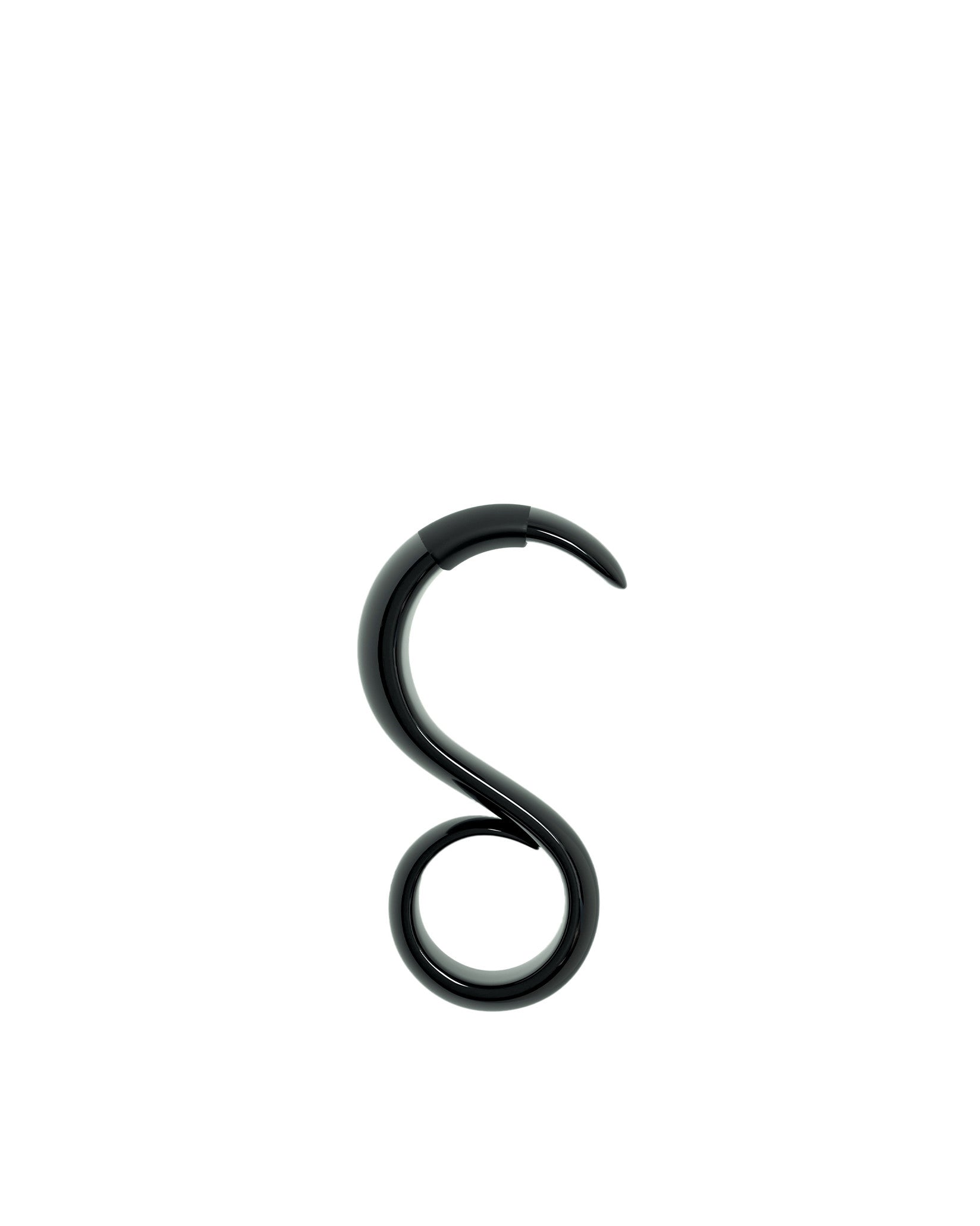 Black shiny S-shaped safety tool by Alessi, with a pointed top and a circular base, on white.