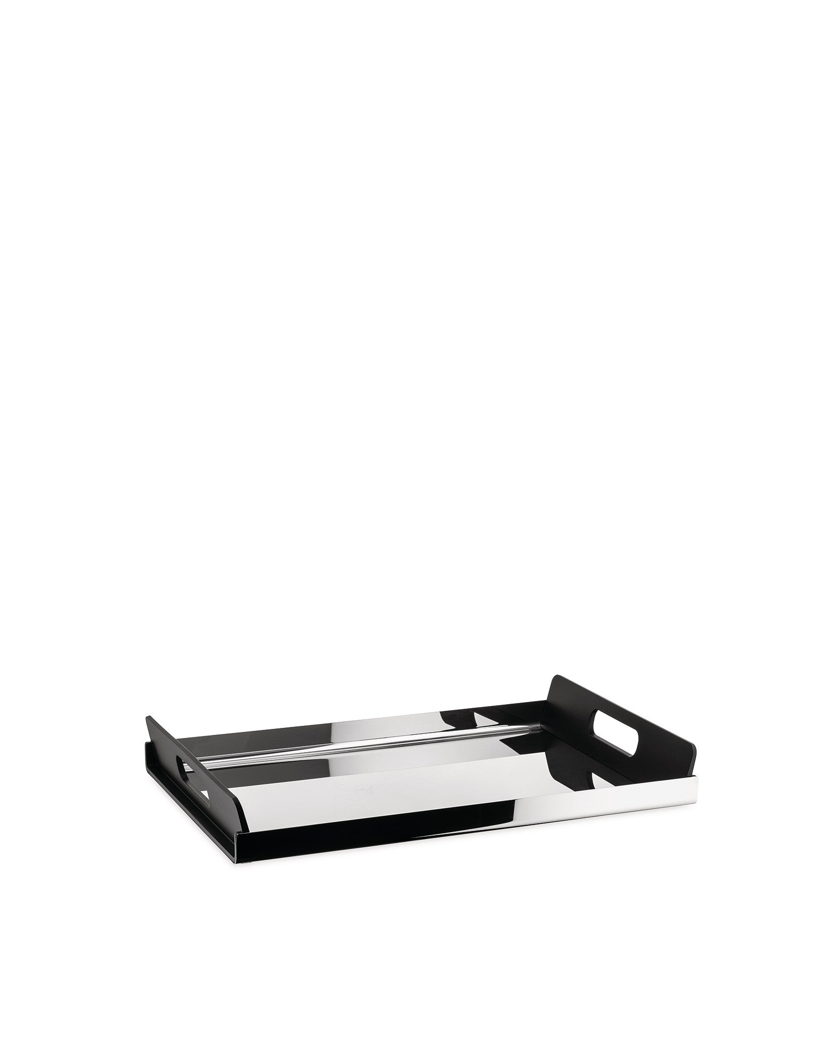 Black and polished metal serving tray by Alessi with rectangular cut-out handles, angled view.