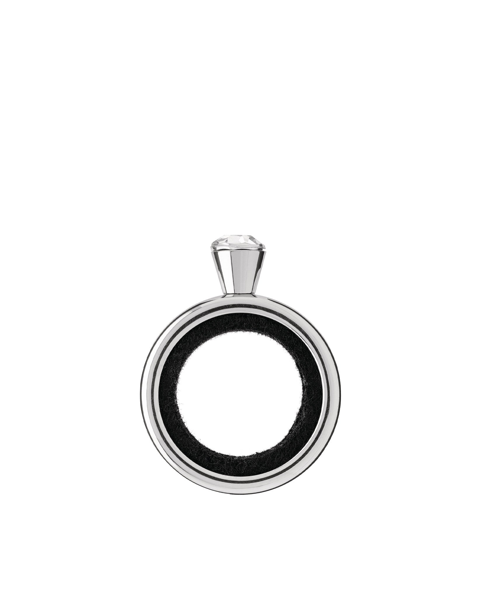 Silver-toned metal wine bottle drip ring by Alessi with black textured interior and clear faceted crystal top.