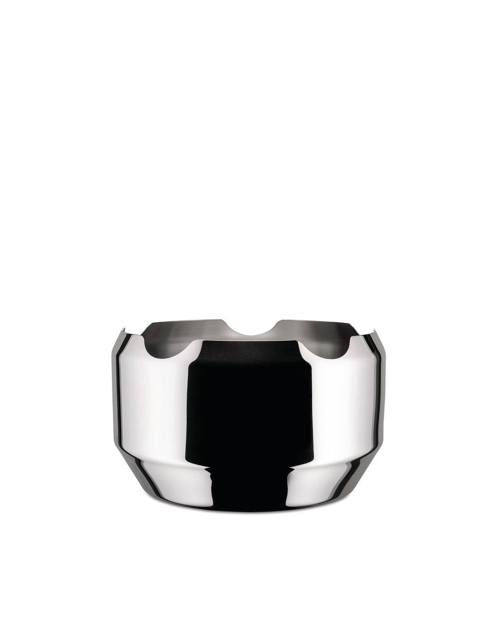 Polished stainless steel ashtray by Alessi, with a modern, faceted design and three cigarette rests.