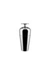 Polished silver cocktail shaker by Alessi, featuring a sleek, two-part design and a flat disc handle.