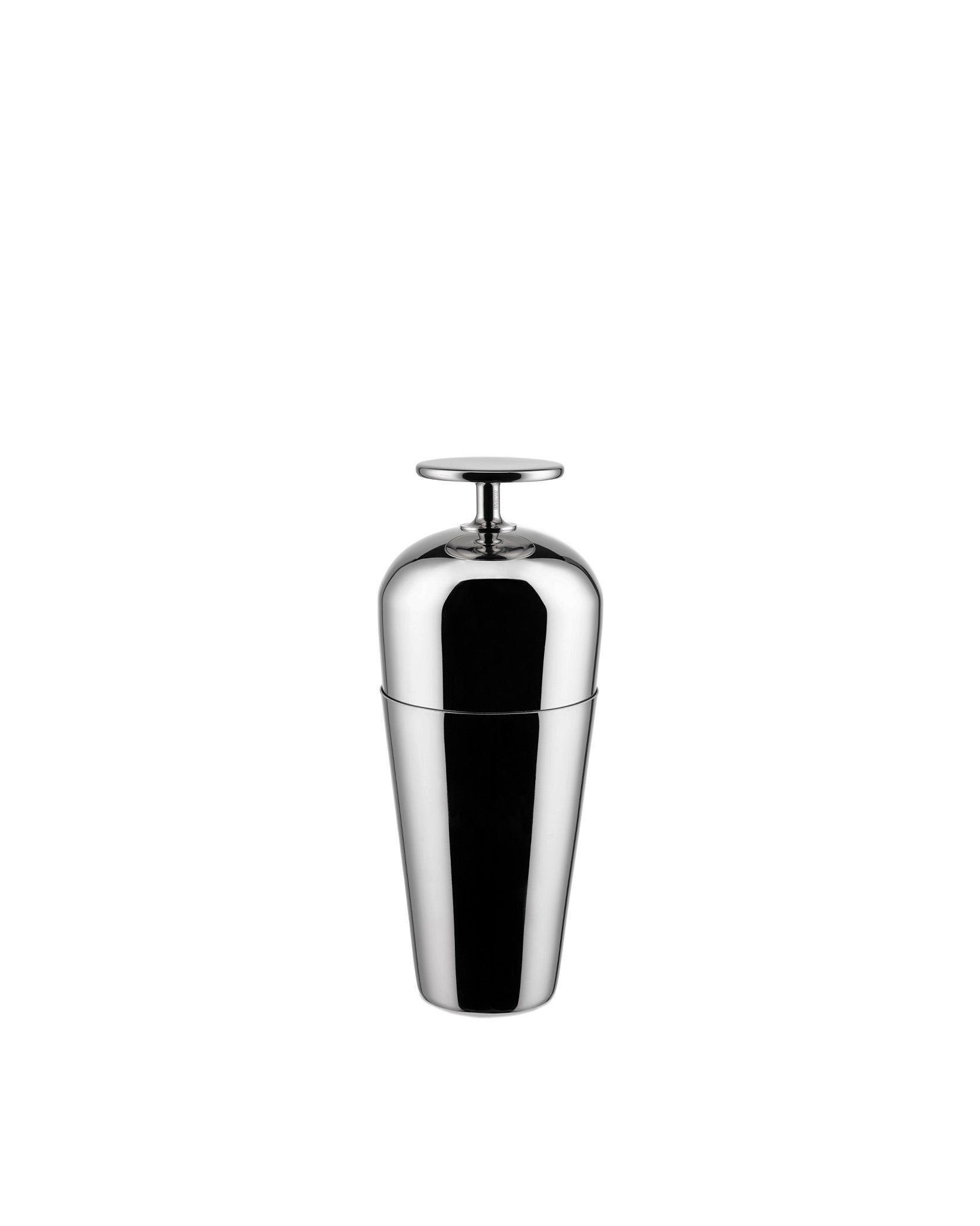 Polished silver cocktail shaker by Alessi, featuring a sleek, two-part design and a flat disc handle.