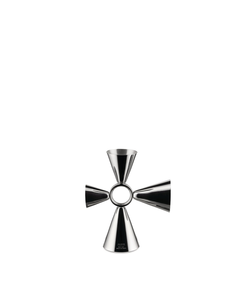 The tending box by Alessi, a shiny silver multi-measure jigger with four conical cups arranged in a cross shape.