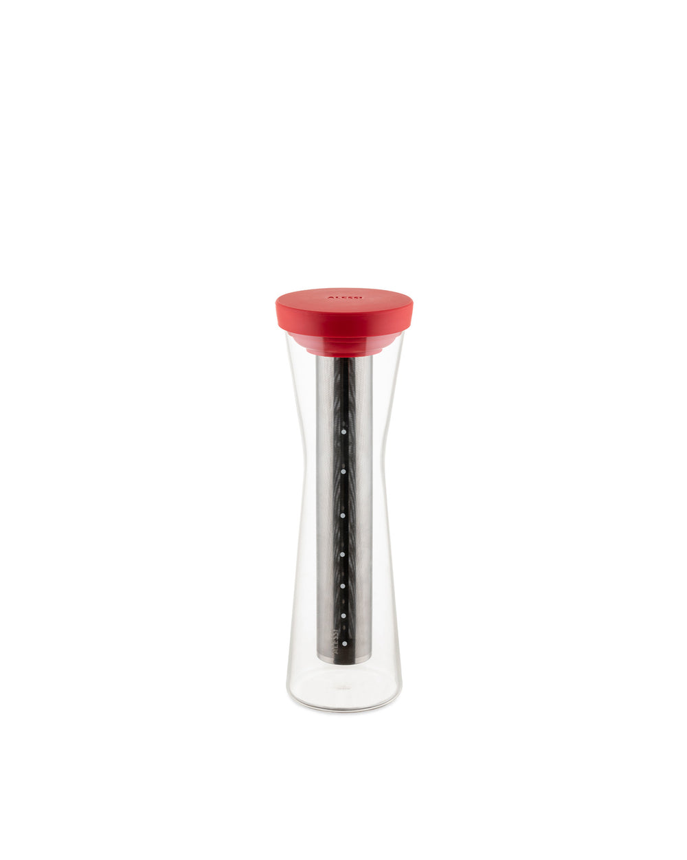 A sleek clear glass pitcher by Alessi with a red lid and an internal perforated metal infuser.