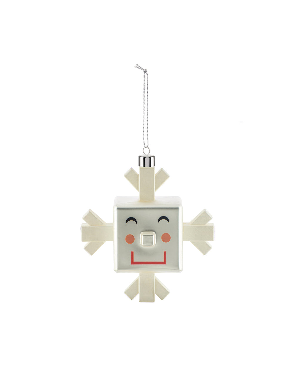 Square silver Snowray Christmas ornament by Alessi, with beige snowflake arms and a smiling face.