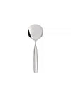 Silver metal serving spoon by Alessi with a round bowl and slender handle.