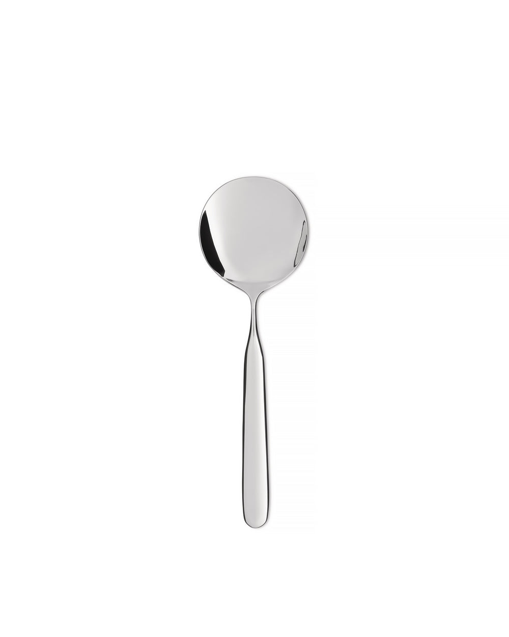 Silver metal serving spoon by Alessi with a round bowl and slender handle.