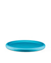 Blue round centre-piece by Alessi, with a smooth, shallow profile, on a white background.