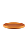 Burnt orange round tray by Alessi with a matte finish and shallow rim.