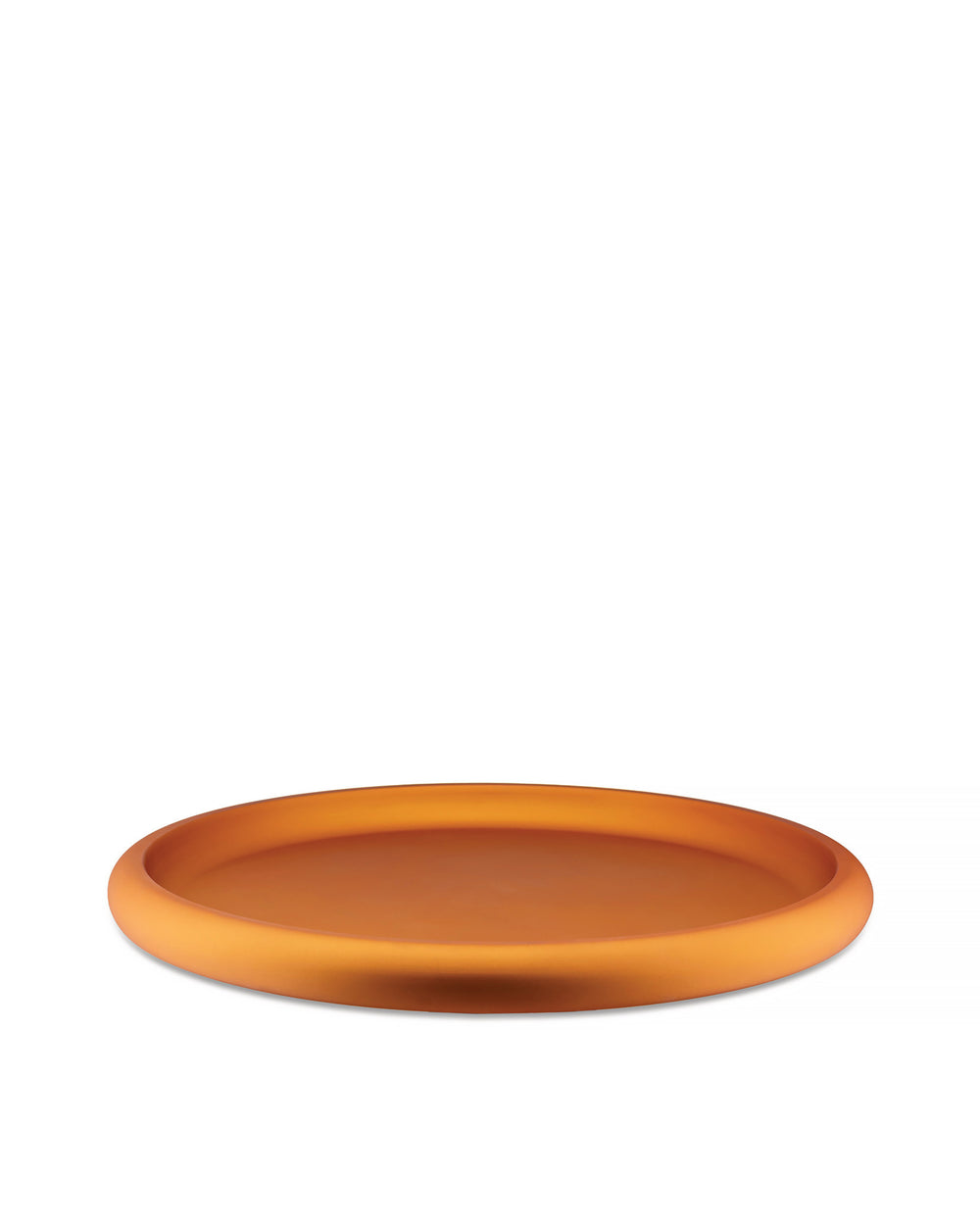Burnt orange round tray by Alessi with a matte finish and shallow rim.
