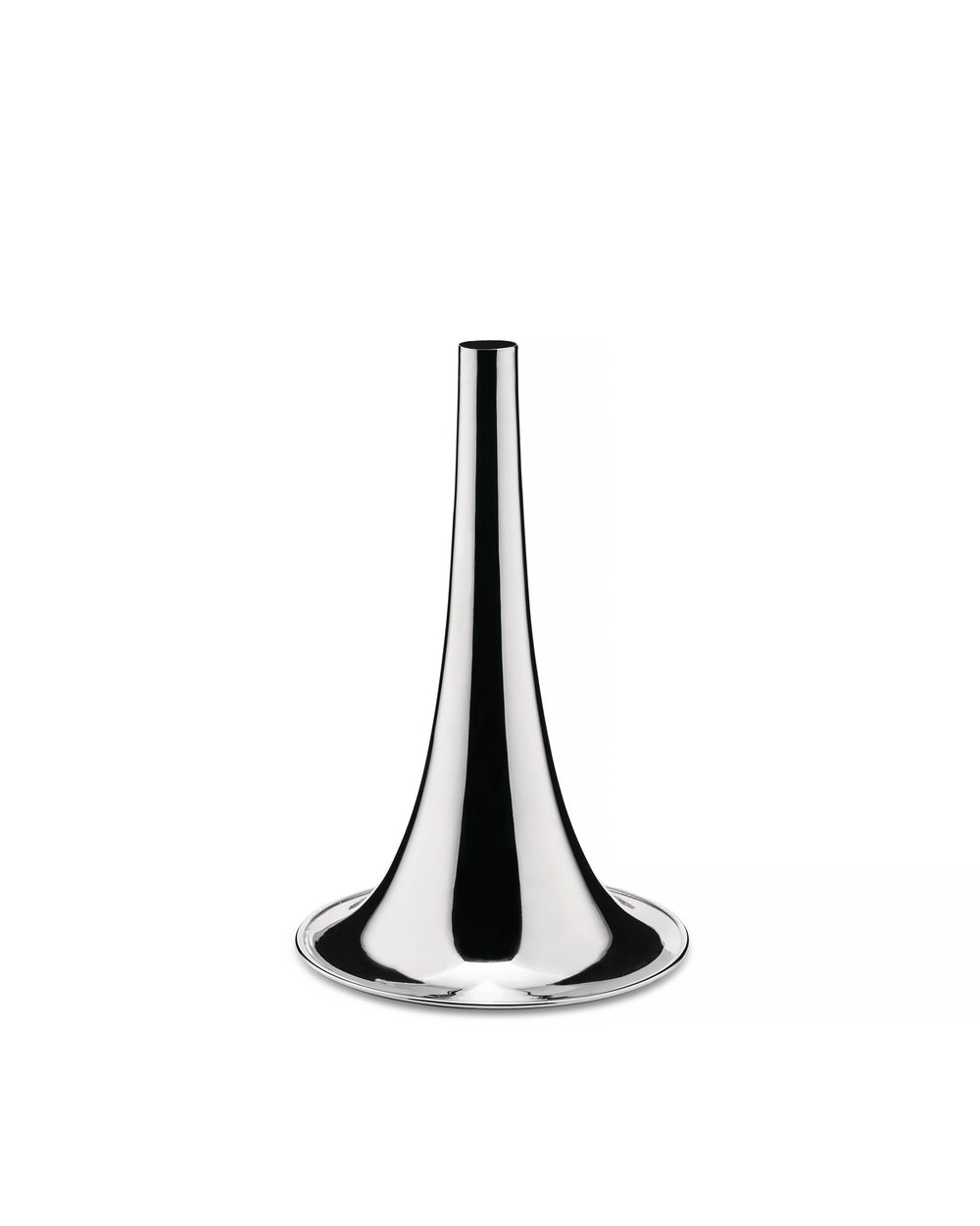 Silver trumpet vase by Alessi with a sleek, highly reflective finish and flared base.