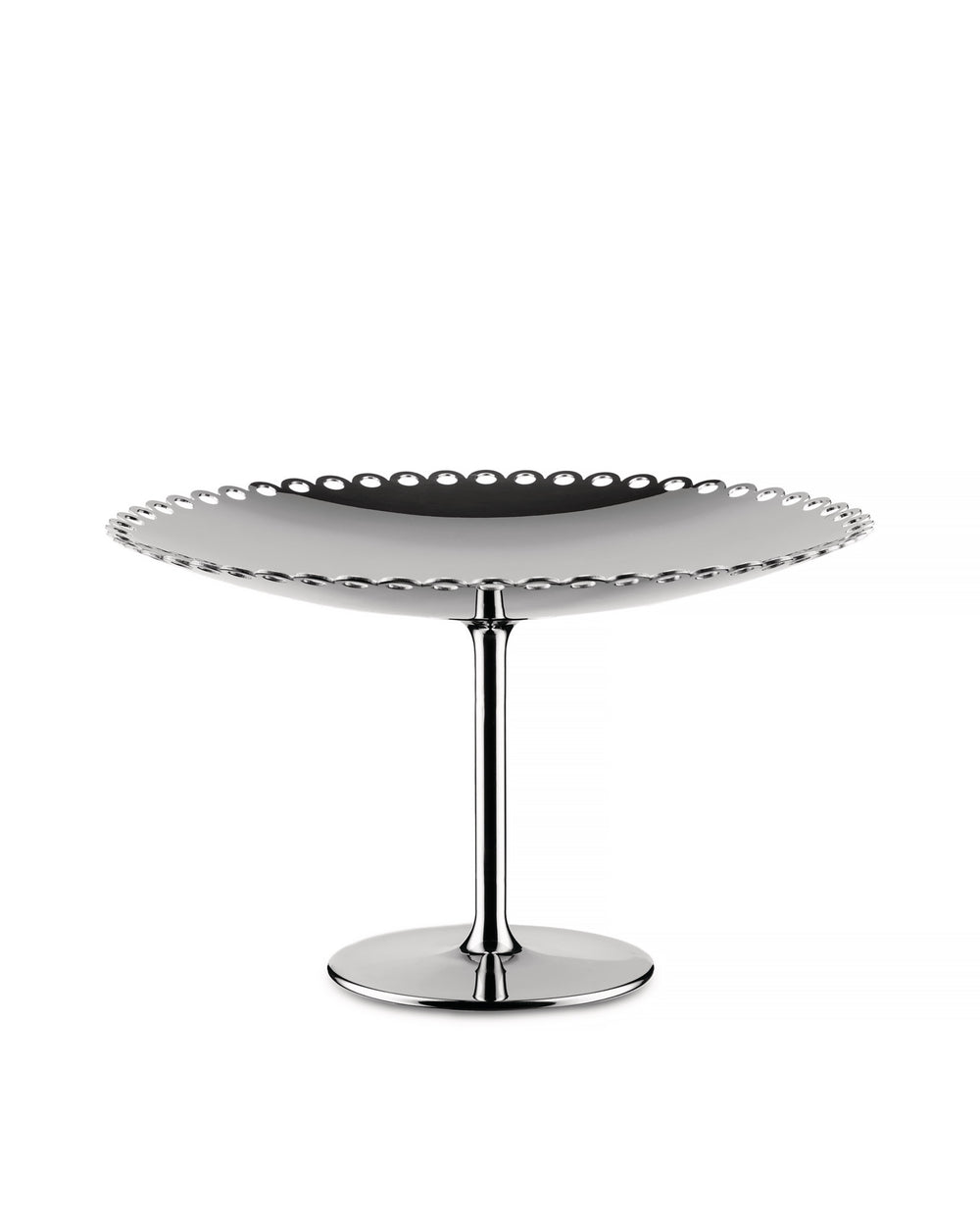 Silver polished metal fruit stand by Alessi, with a distinctive scalloped edge and sleek base.
