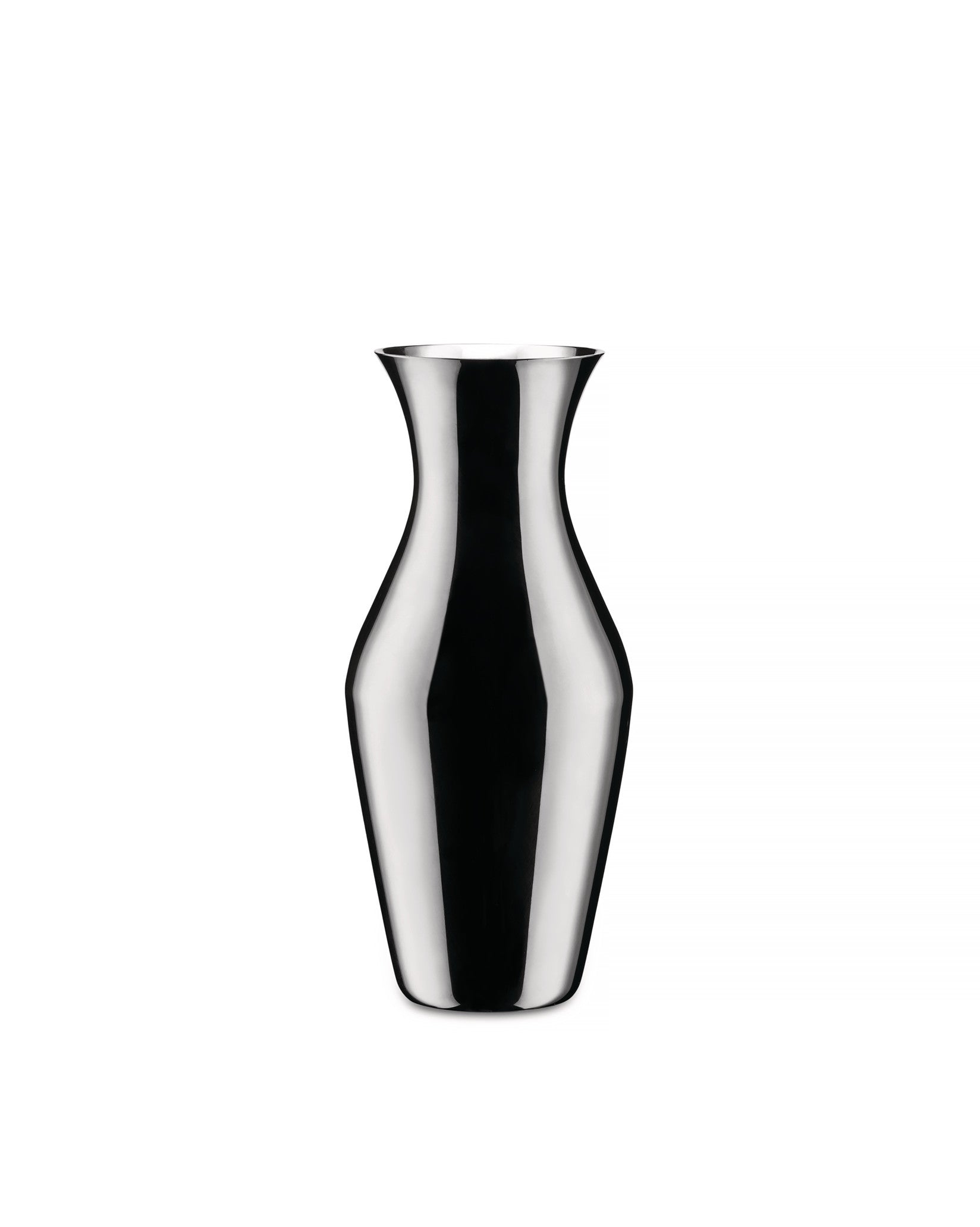 Silver metallic pitcher by Alessi, with a sleek hourglass silhouette and highly reflective finish.