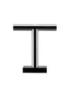 Silver metallic T-shaped Tronchetto vase by Alessi with a rectangular black wooden base on a white background.