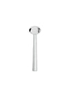Silver metallic spoon with a round bowl by Alessi, standing vertically against a white background.