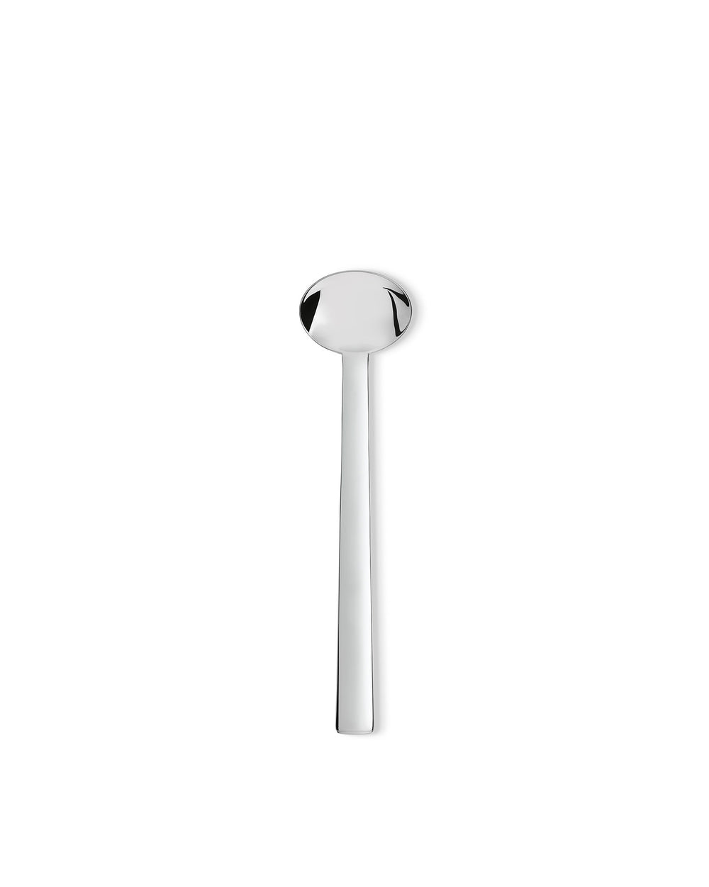 Silver metallic spoon with a round bowl by Alessi, standing vertically against a white background.