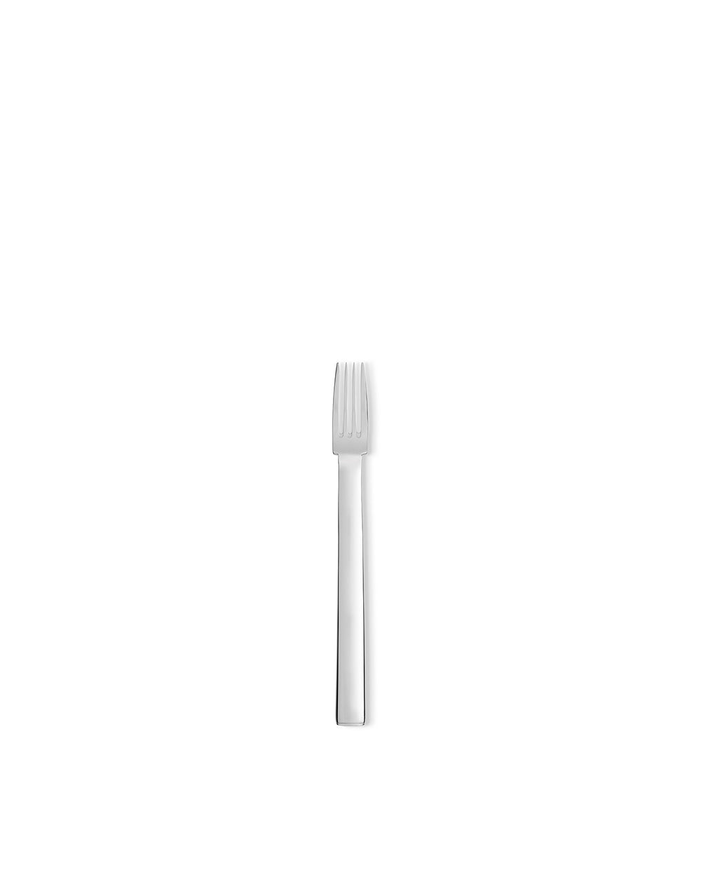 Shiny silver fork by Alessi with a sleek, minimalist design and four tines.