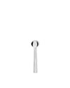 Polished silver spoon by Alessi with a round bowl and slender handle, centered vertically on a white background.