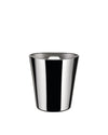 Polished stainless steel ice bucket by Alessi with cut-out handles and a tapered shape, front view.