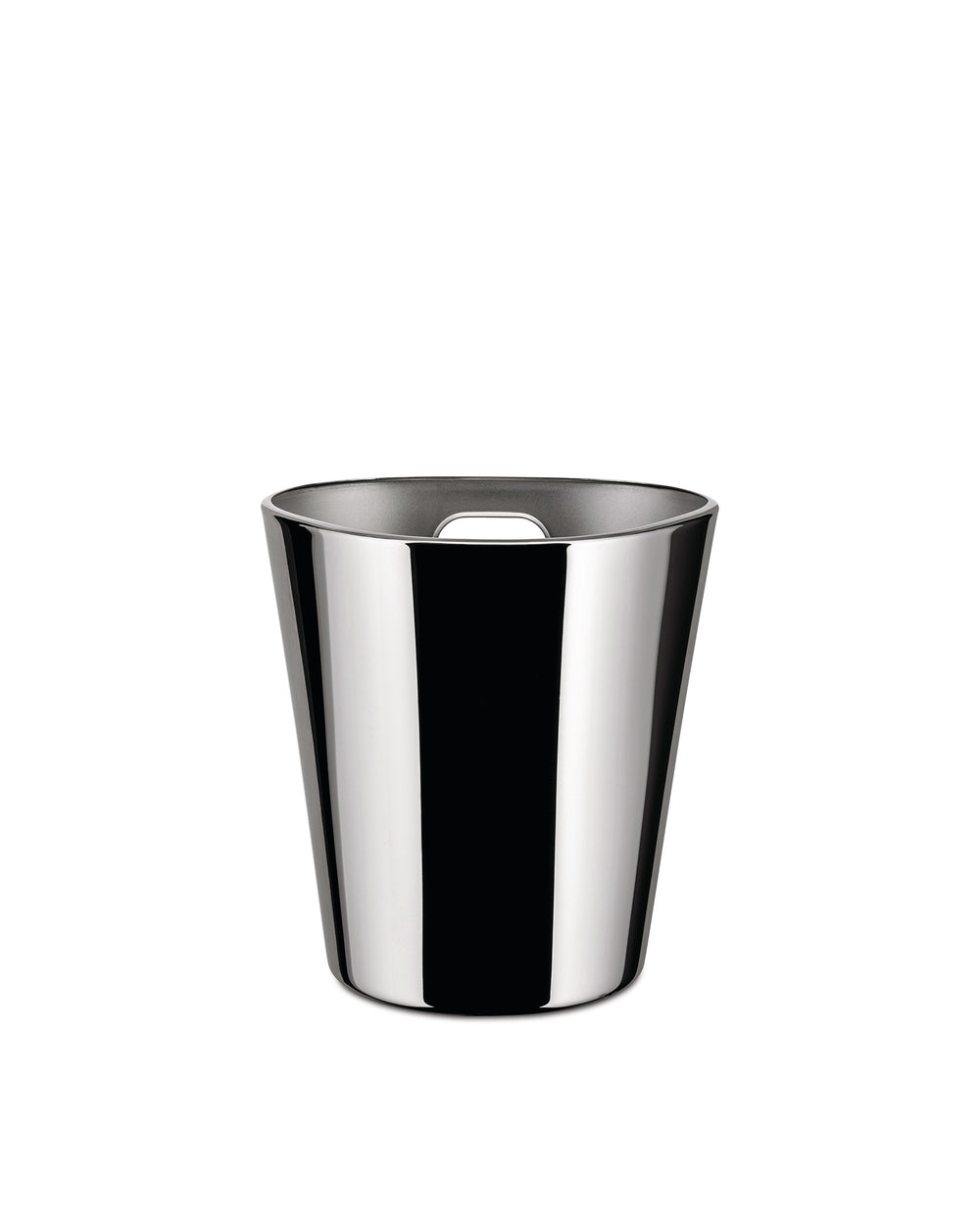 Polished stainless steel ice bucket by Alessi with cut-out handles and a tapered shape, front view.