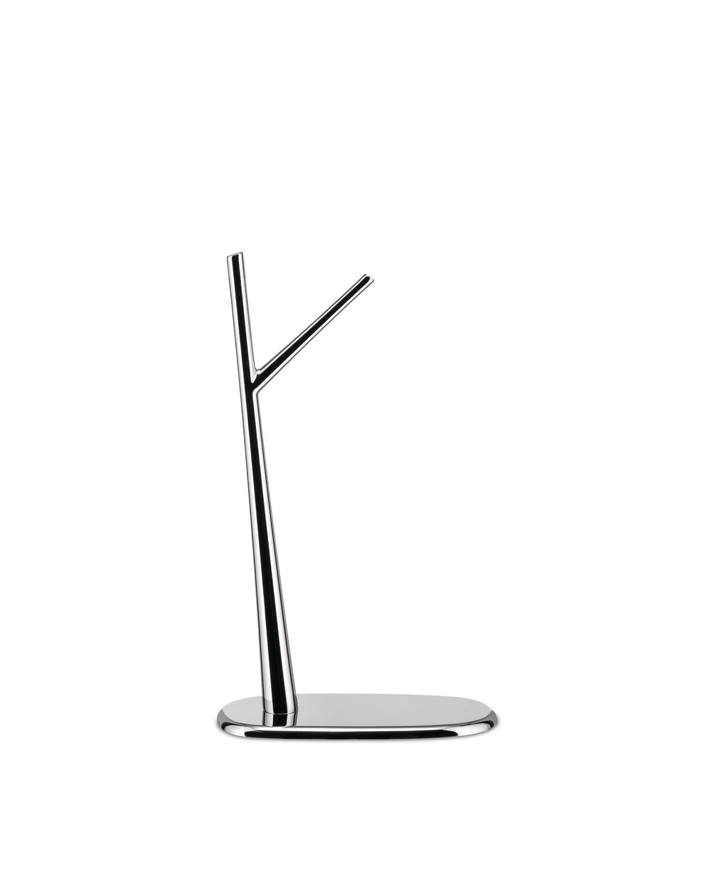 Chrome fruit stand by Alessi with a minimalist tree-like branch design and an oval base.
