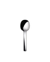 Polished silver serving spoon by Alessi with a rounded head and slender handle, positioned vertically.