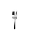 Polished silver serving fork by Alessi with five tines on a white background.
