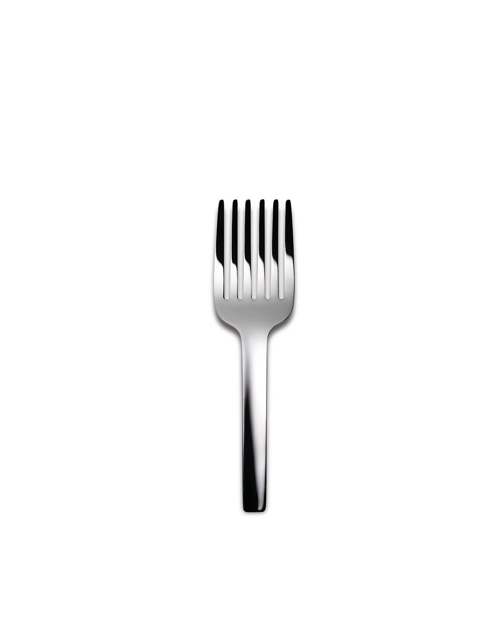 Polished silver serving fork by Alessi with five tines on a white background.