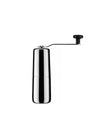 Polished stainless steel manual coffee grinder by Alessi with a black grinding handle.